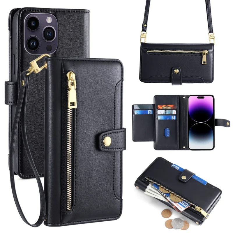 Ladies Card Slots Wallet Crossbody Phone Case for iphone 15 14 13 12 11 Pro Max XS XR 7 6 6 6s Plus SE SE3 Flip Cover with strap